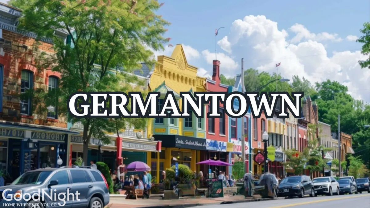 A cheerful, colorful exterior shot featuring lively storefronts, people enjoying outdoor seating under vibrant umbrellas, and a festive street scene. The atmosphere is welcoming and perfect for leisurely strolls, shopping, and sampling local cuisine.