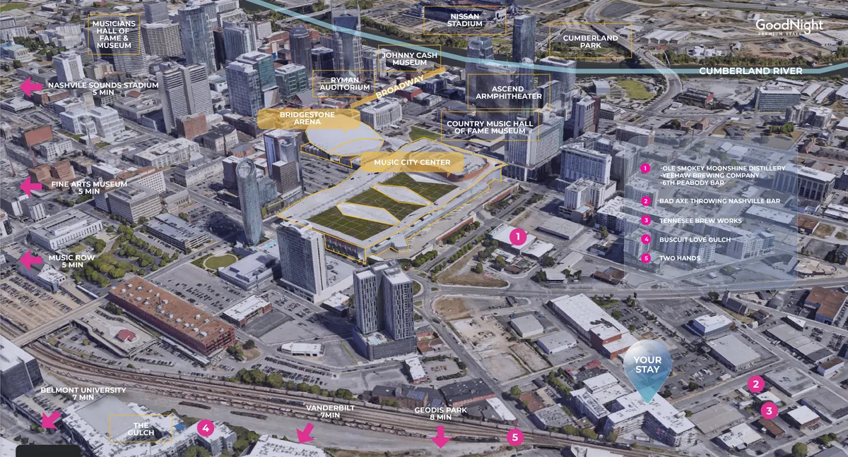 A panoramic cityscape featuring landmarks such as the Nashville Sounds Stadium, Bridgestone Arena, Country Music Hall of Fame and Museum, and the Music City Center. The Cumberland River winds through the scene, with lively crowds and energetic city lights bringing Nashville’s cultural hotspots into focus.