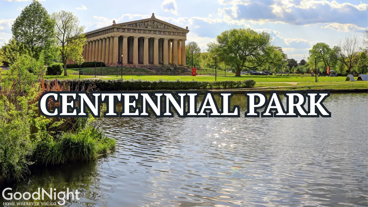 A tranquil view of The Parthenon in Centennial Park, with its grand columns and a reflective pond amidst greenery. The setting invites families to walk, picnic, or simply take in the serene atmosphere, connecting to the section’s emphasis on accessible cultural attractions.